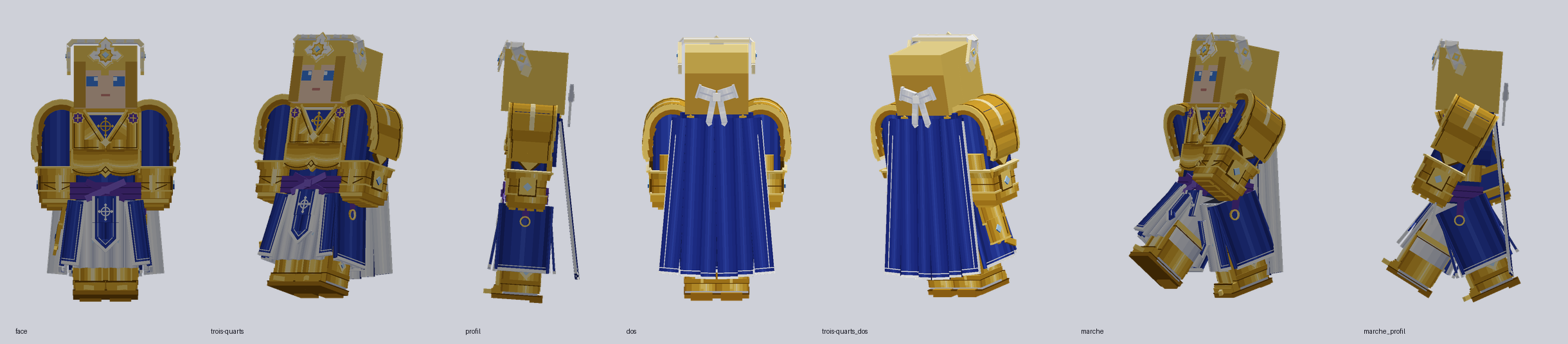 Armure d'Alice : face, trois-quarts, profil, dos et en marche