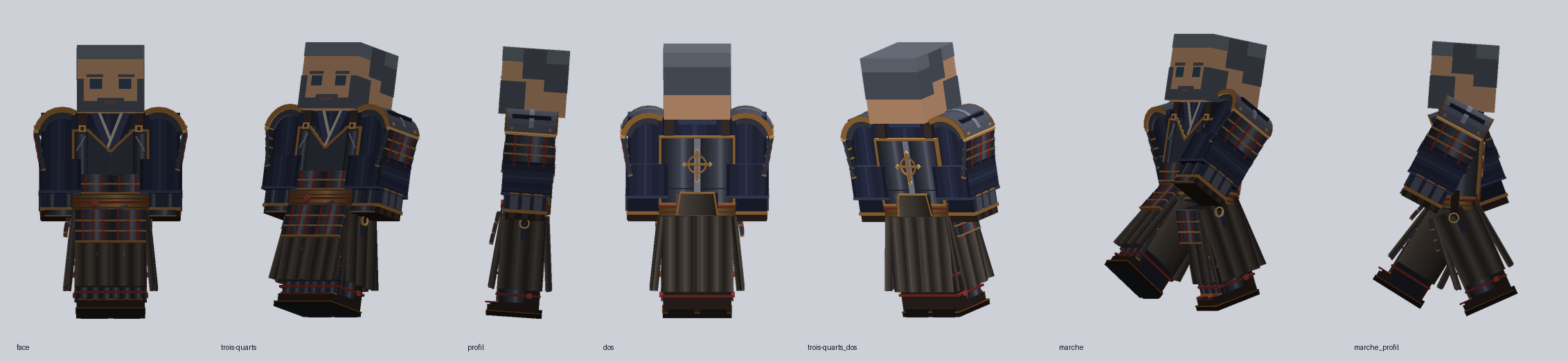 Armure de Bercouli : kimono indigo, plastron de fer sombre, hakama