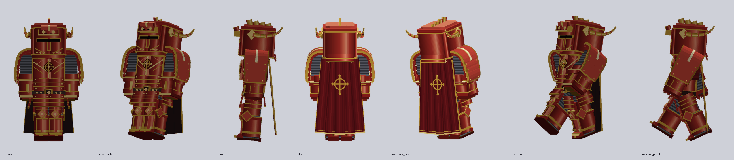 Armure de Deusolbert : heaume de dragon, harnois cramoisi et or, cape bordeaux
