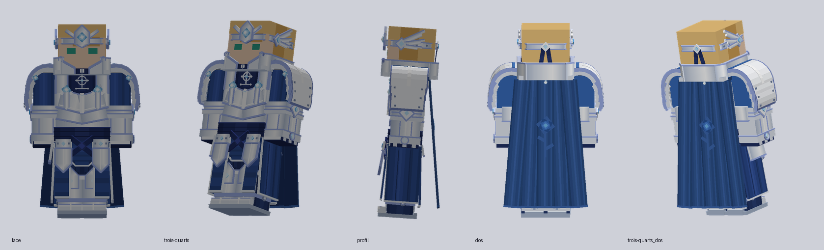 Armure d'Eugeo : face, trois-quarts, profil et dos