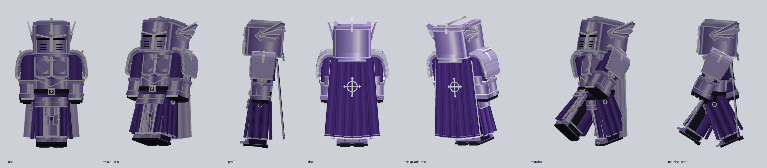 Armure de Fanatio : heaume ailé, cuirasse lilas, jupe et cape violettes